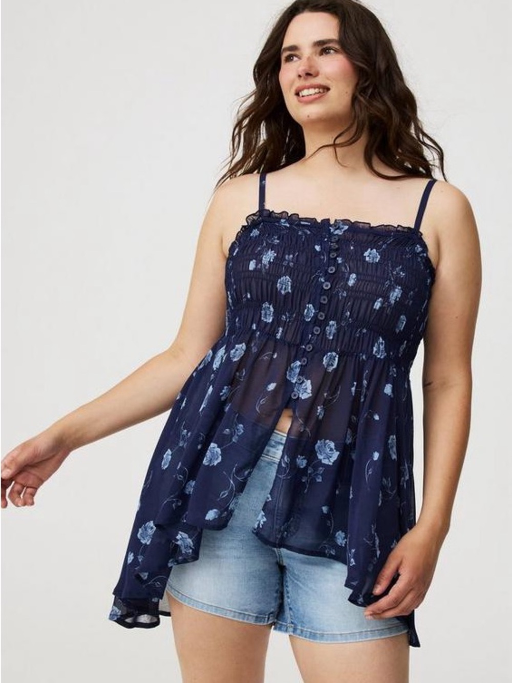 Torrid Navy Floral Button-Front Smocked Tunic Cami